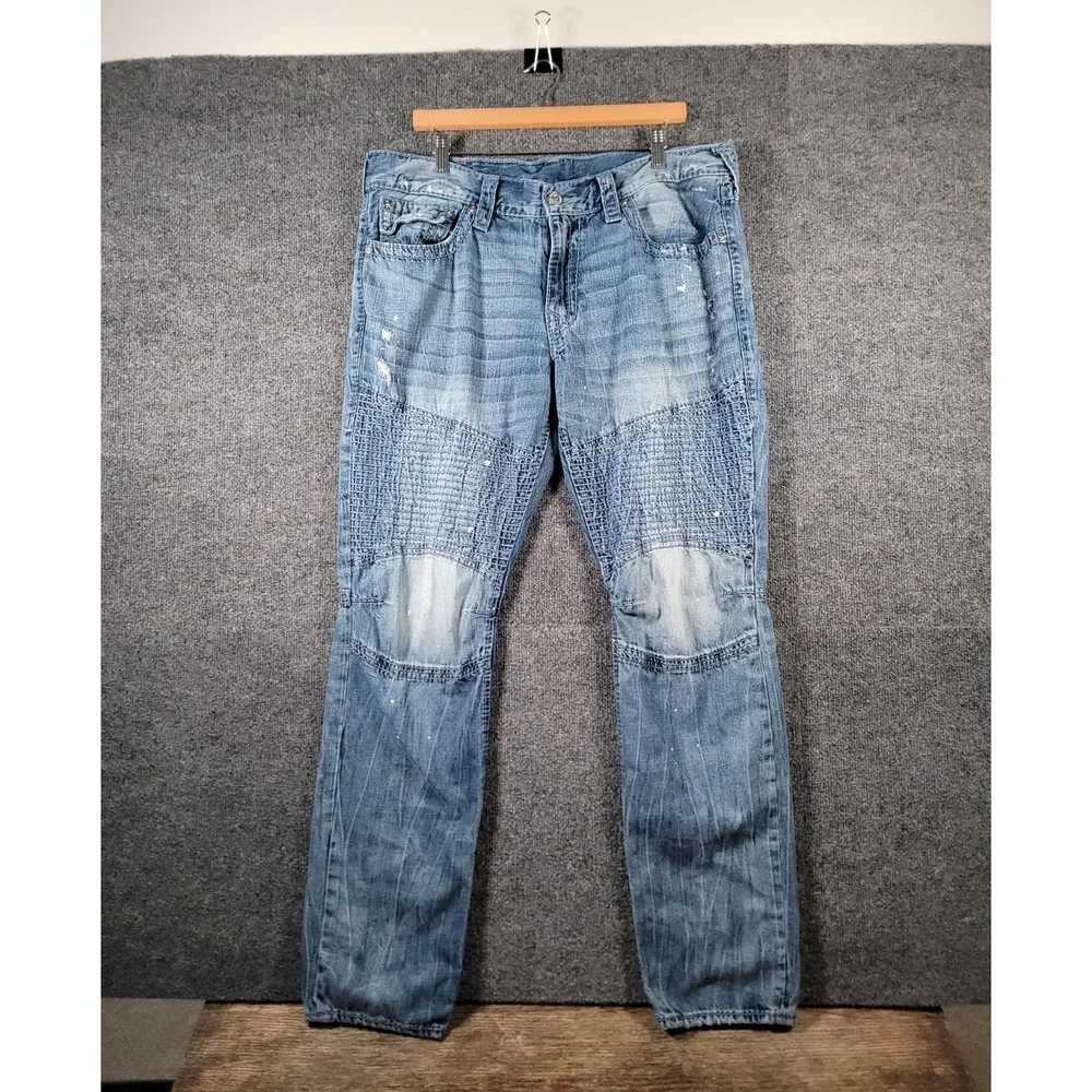 True Religion Moto Slim Big T Jeans Mens 38x32 Blue Biker Distressed Y2K Stretch